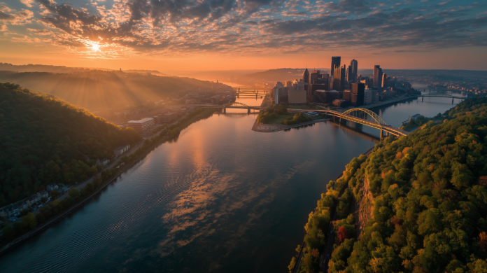 The City of Pittsburgh Pennsylvania portrayed from an aerial distant view.