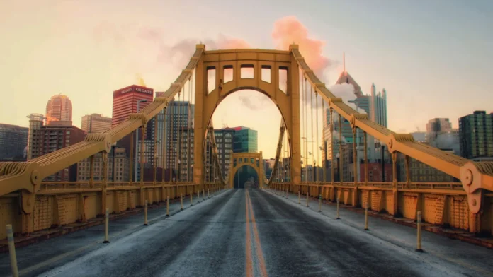 ultrarix-llc-1 Yellow suspension bridge leading into Downtown Pittsburgh