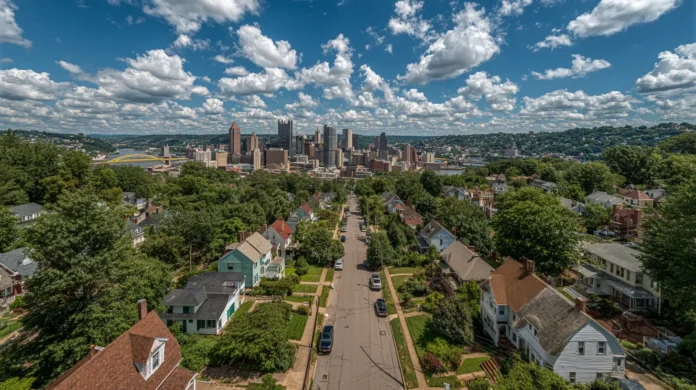 ultrarix-llc-3 Tree-lined residential street in Pittsburgh with the Downtown skyline in the distance